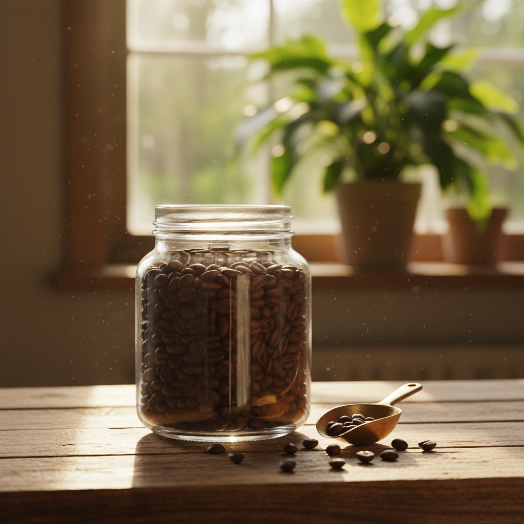 A glass jar full of roasted coffee beans on a wooden table, possibly in a sunny room.