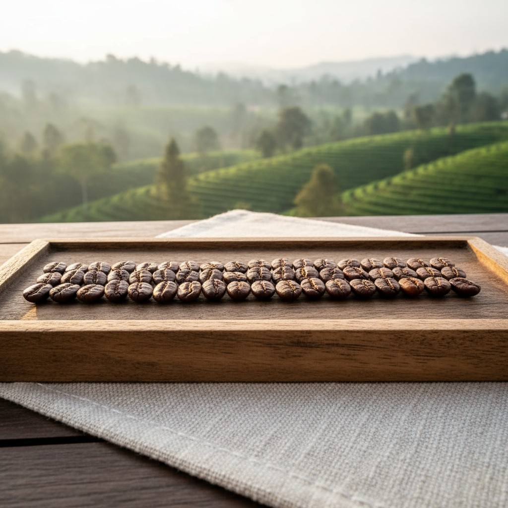 A wooden tray filled with roasted coffee beans on a light beige place mat, with a stunning view of rolling green hills, tr...