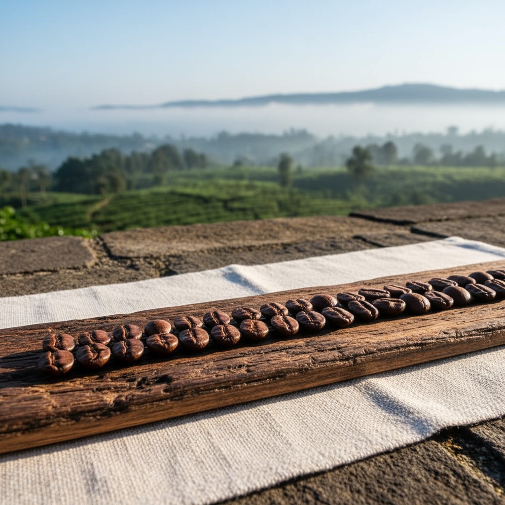 **Alt Text:** Decorative dark brown piece of wood adorned with small, dark brown coffee beans, set atop a plush white fabr...