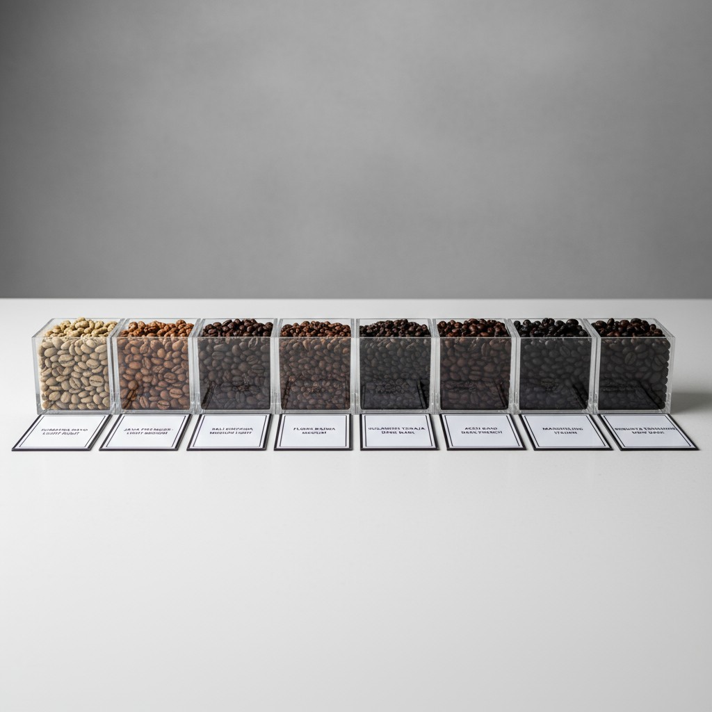 Row of nine clear, square jars holding different grades of roasted coffee beans in a neutral, elegant environment.