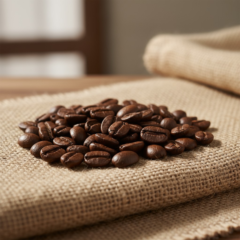 The alt text for the image is: roasted coffee beans on a burlap sack.